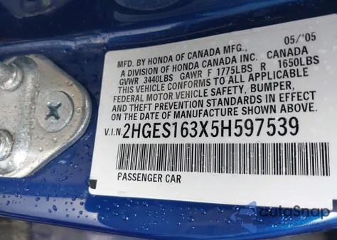 2005 Honda Civic Dx Vp from USA, damaged, VIN 2HGES163X5H597539